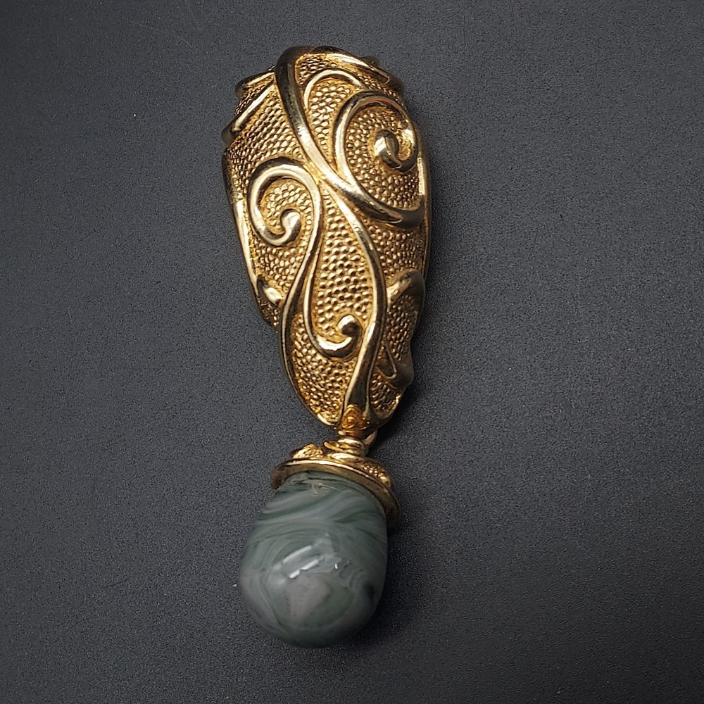 Barrera for Avon Gold Tone Brooch Green Grey Marbled Faux Stone Vintage Costume
